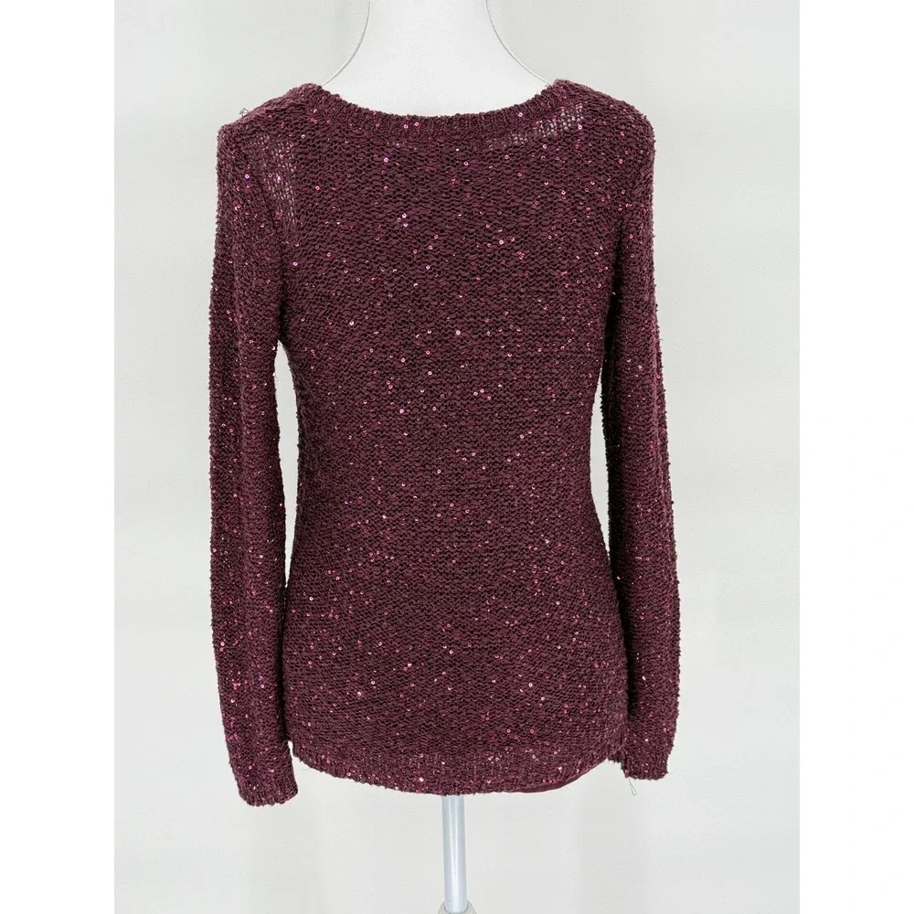 Holiday Sparkly Apt. 9 Sequin Long Sleeve V Neck Sweater PS Burgundy‎